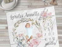 Personalized Floral Baby Elephant Milestone Blanket