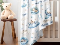 Personalized Blue Sleeping Teddy Bears Baby Blanket 