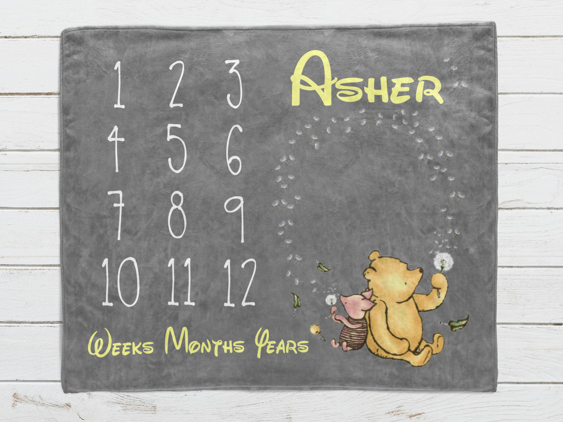 Personalized Winnie the Pooh Dandelions Milestone Blanket