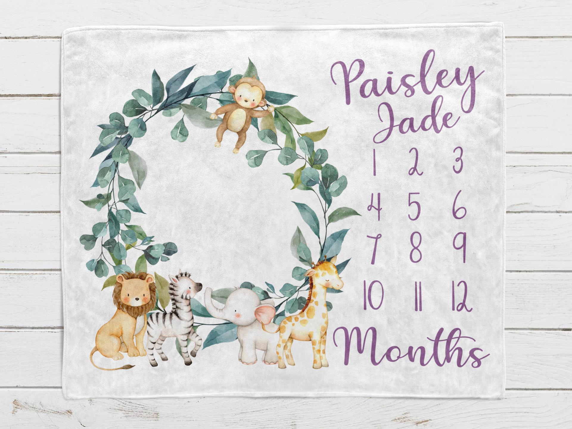 Personalized Safari Animals Baby Milestone Blanket