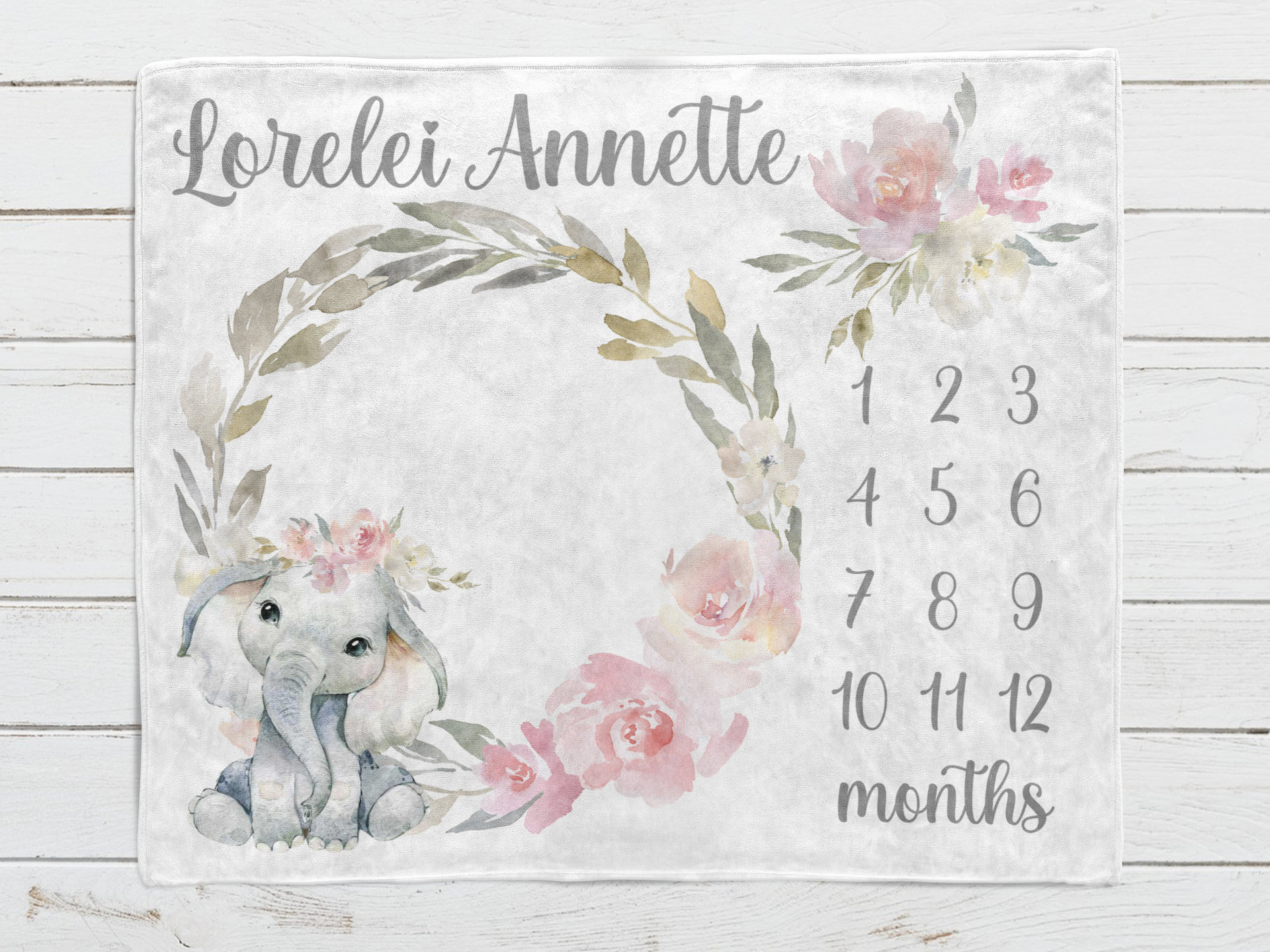 Personalized Floral Baby Elephant Milestone Blanket