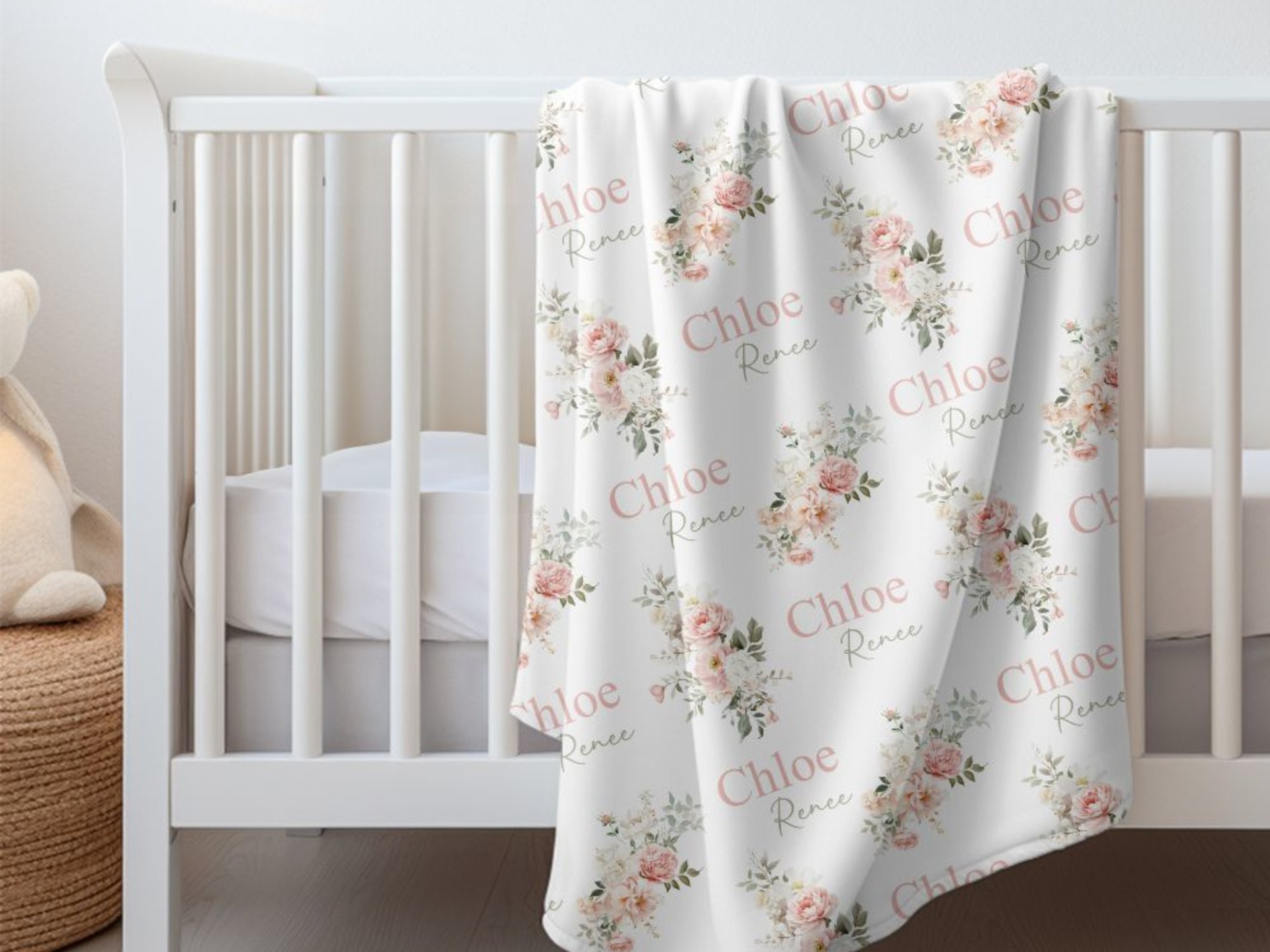 Coral Sage Floral Baby Name Blanket