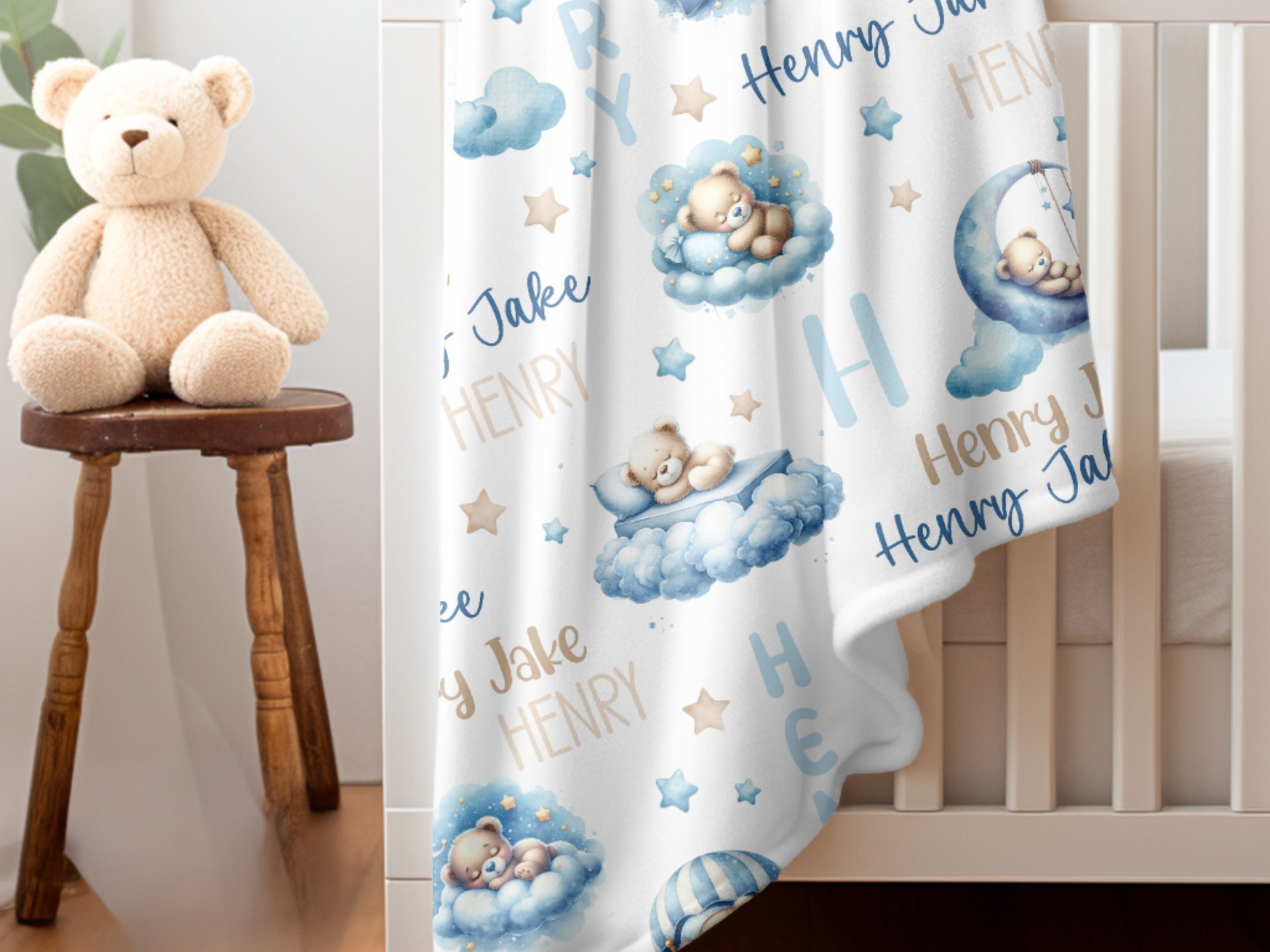 Personalized Blue Sleeping Teddy Bears Baby Blanket 