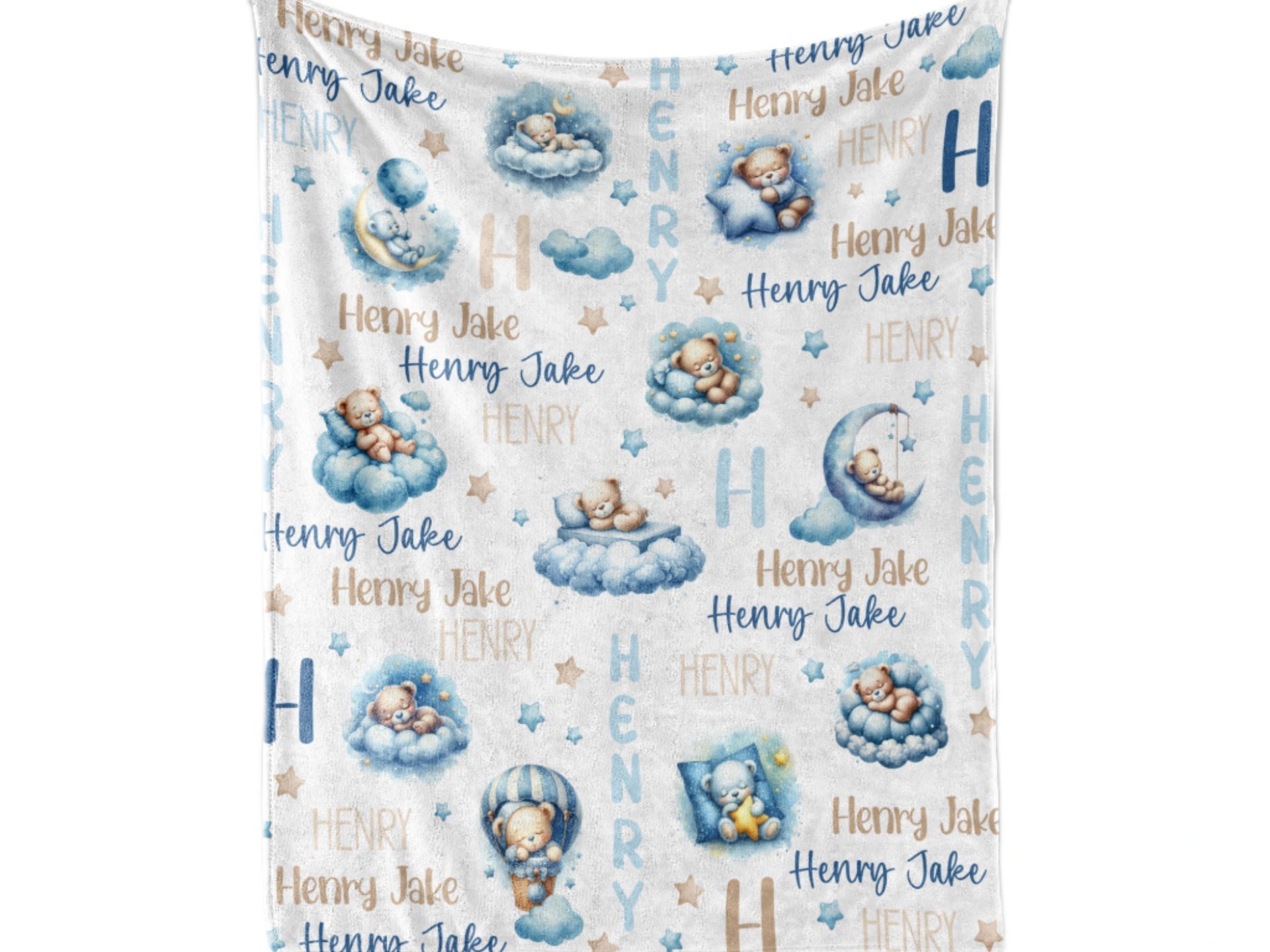 Personalized Blue Sleeping Teddy Bears Baby Blanket 
