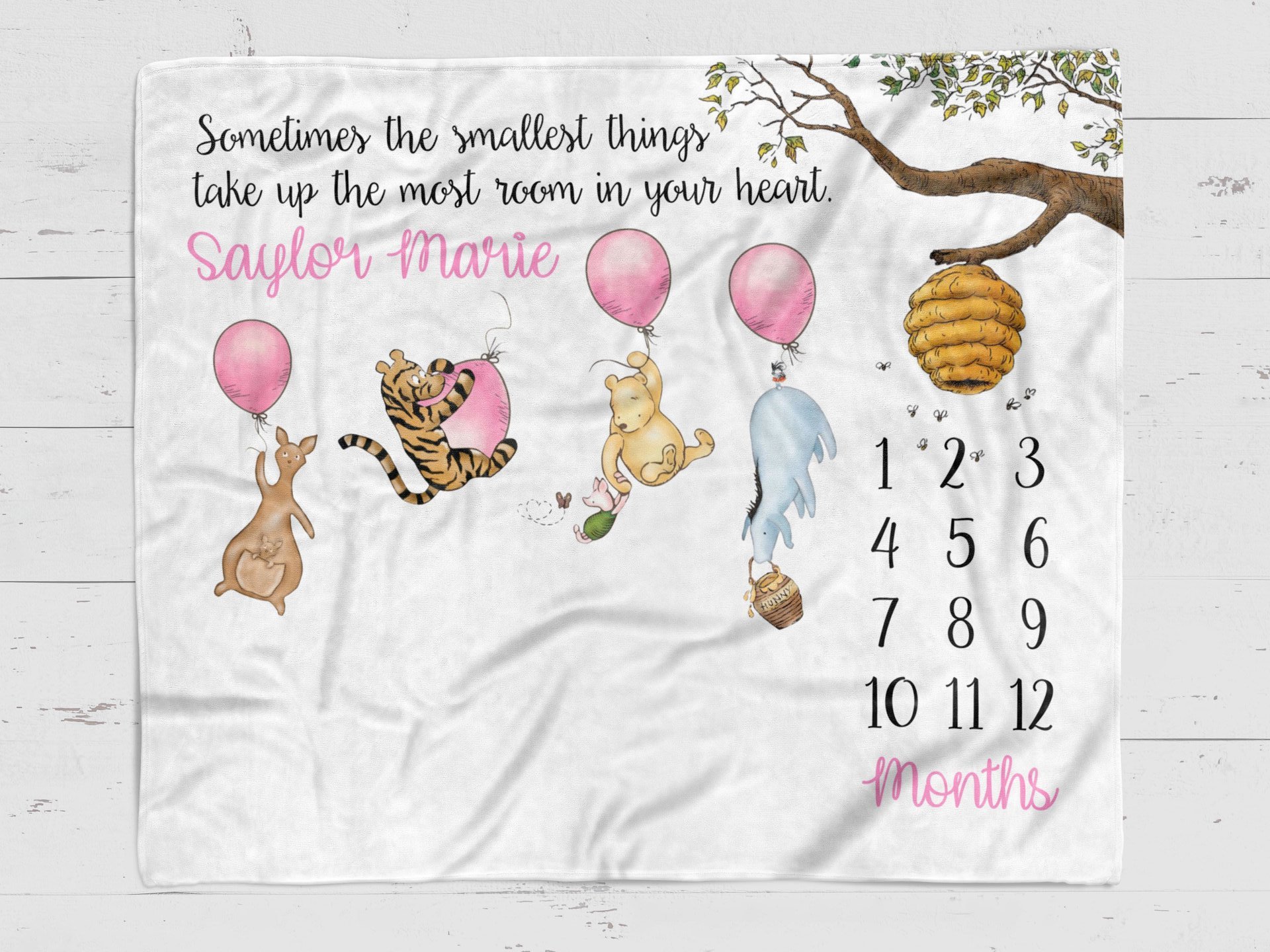 Personalized Winnie the Pooh Balloons Milestone Blanket