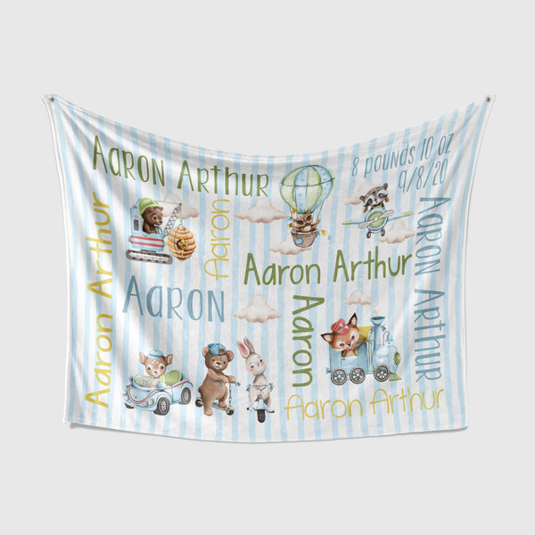 Personalized Woodland Animals Birth Announcement Baby Blanket