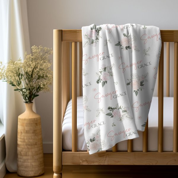 Personalized Pink Rose Baby Name Blanket