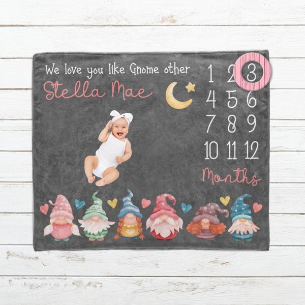 Personalized Gnome Milestone Baby Blanket