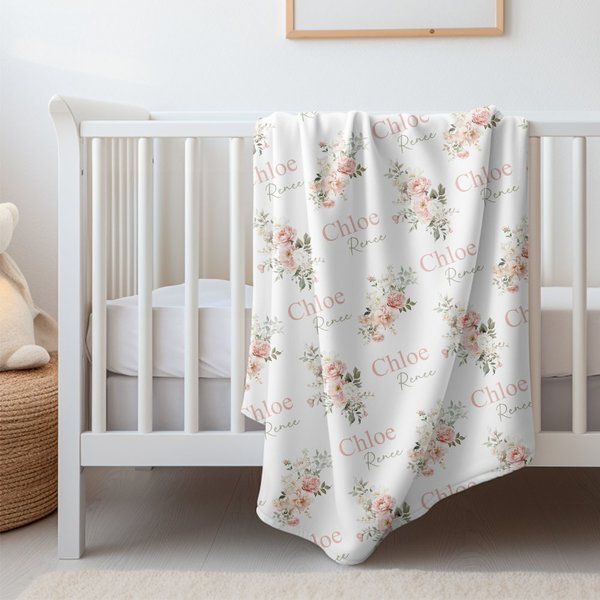 Coral Sage Floral Baby Name Blanket