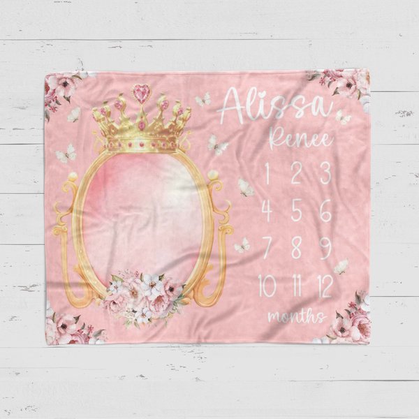 Personalized Pink Princess Baby Milestone Blanket 