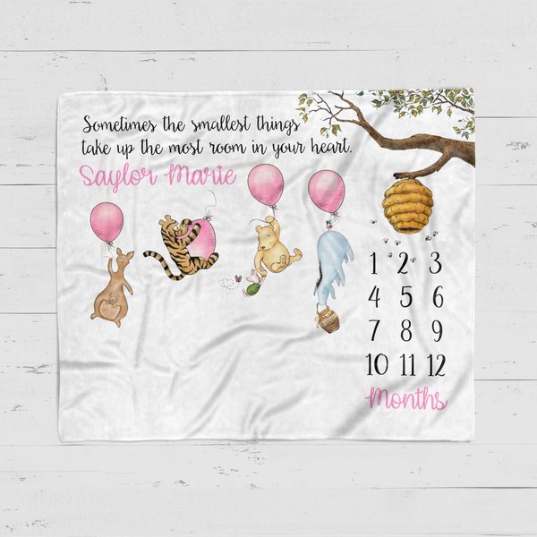 Personalized Winnie the Pooh Balloons Milestone Blanket