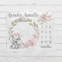 Personalized Floral Baby Elephant Milestone Blanket