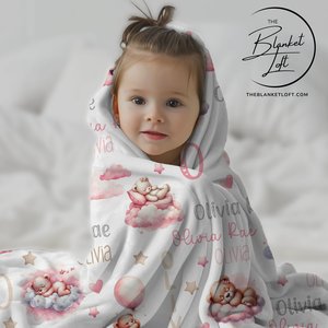 Personalized Pink Sleeping Teddy Bears Baby Blanket 