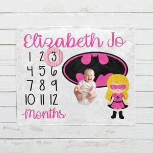 Personalized Superhero Bat Girl Monthly Milestone Blanket