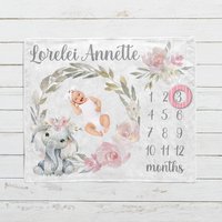 Personalized Floral Baby Elephant Milestone Blanket