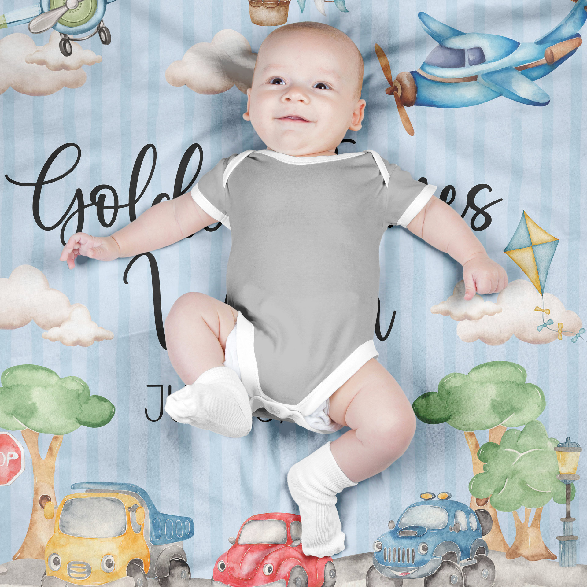 Personalized Cars and Planes Baby Blanket