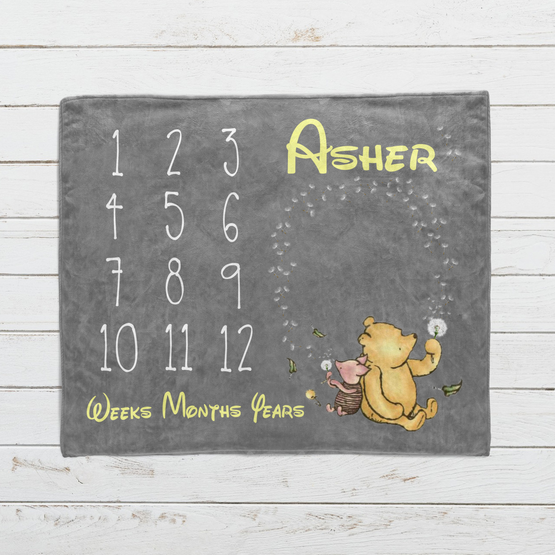 Personalized Winnie the Pooh Dandelions Milestone Blanket