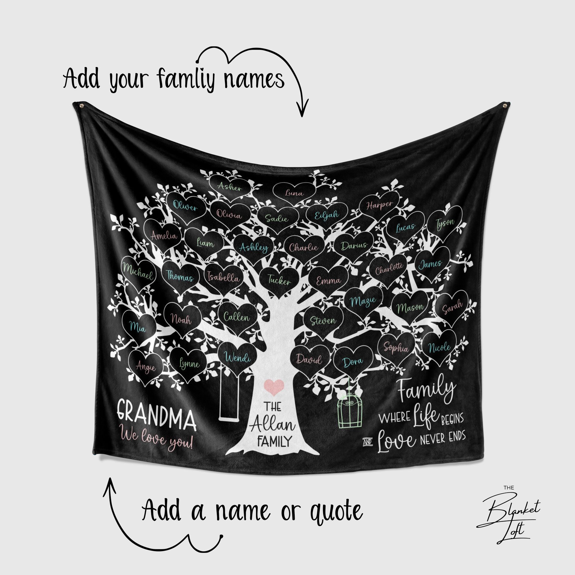 Personalized Heart Family Tree Blanket 35 names