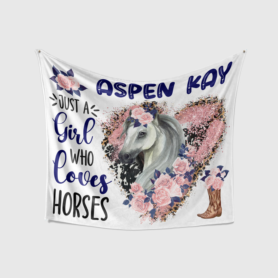 Just a Girl Who Loves Horses Personalized Blanket Pink and Navy