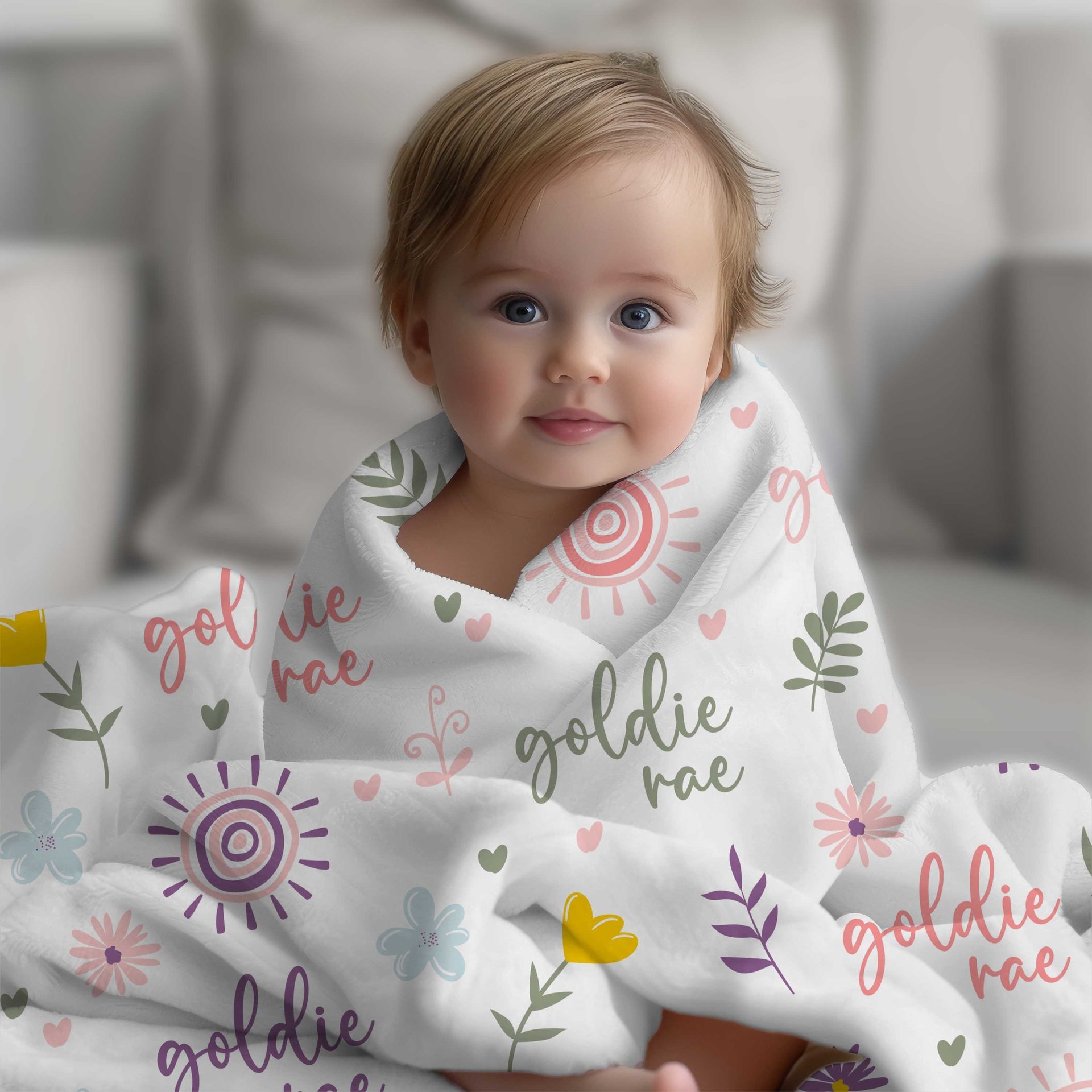 Personalized Boho Sun & Wildflower Baby Blanket