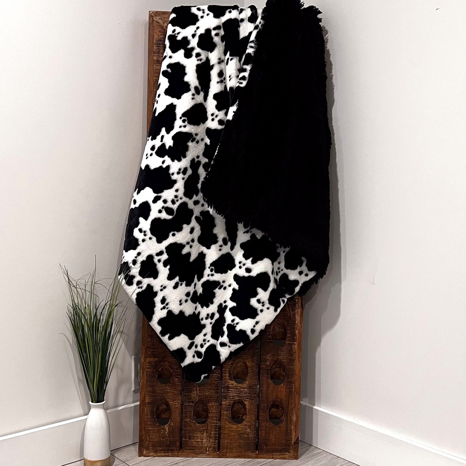 Black and White Cow Black Shaggy Luxe Minky Blanket