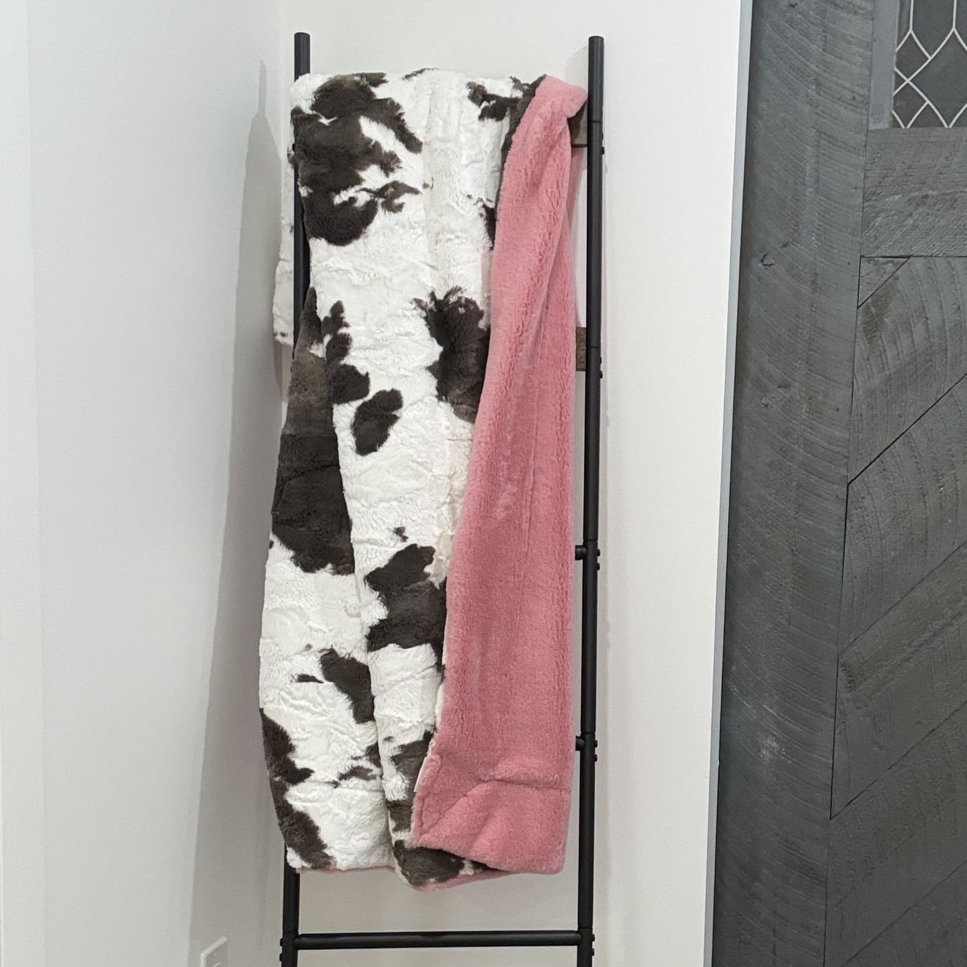 Luxe Cuddle Calf Cow Brownie with Seal Rose Quartz 50"x60" Adult Minky Blanket