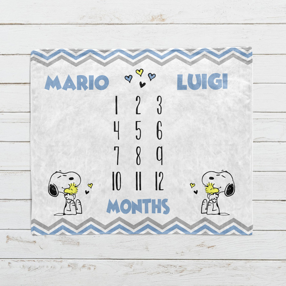 Personalized Snoopy Monthly Milestone Blanket for Twins