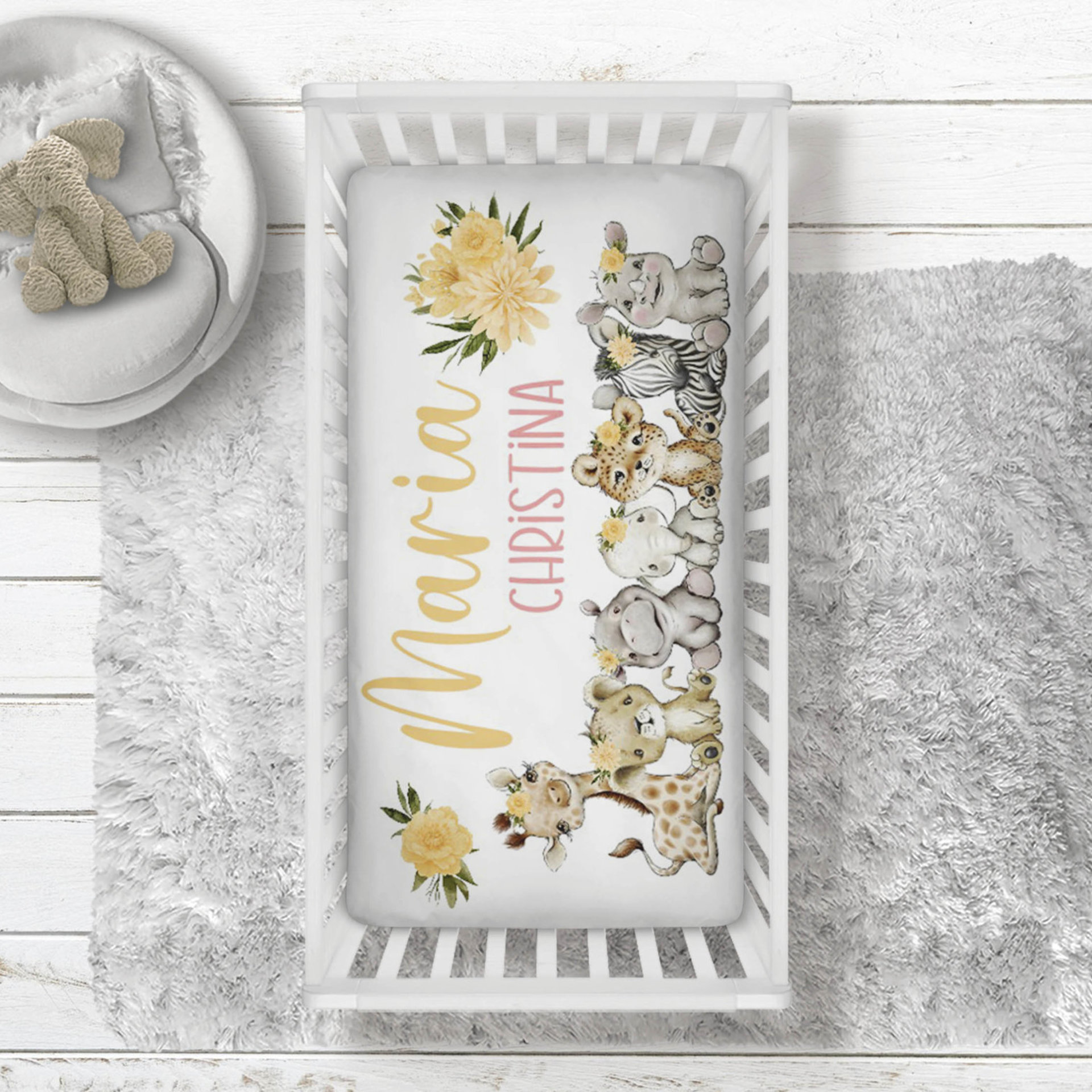 Personalized Pretty Safari Animals Crib Fitted Sheet