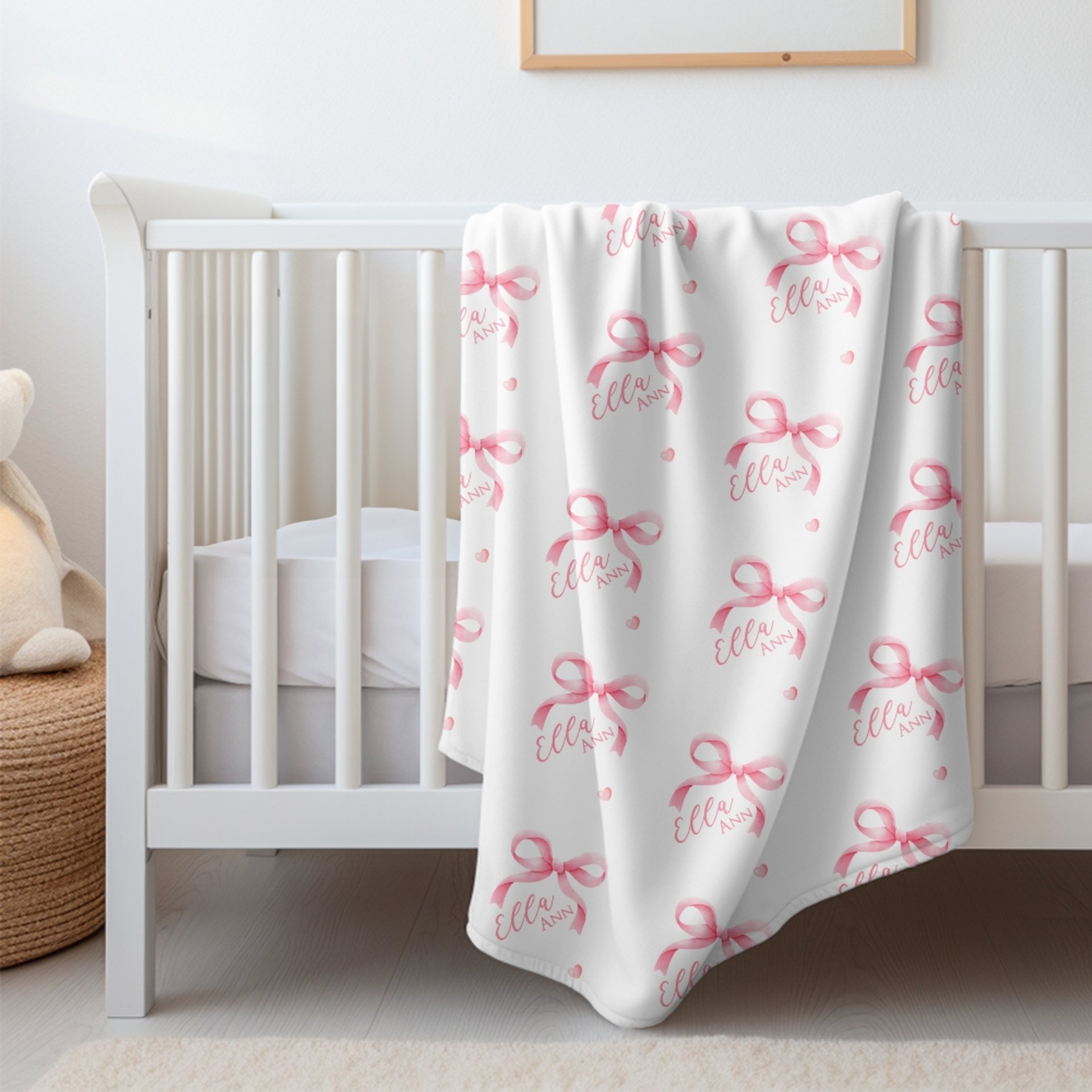 Personalized Pink Bow Baby Blanket