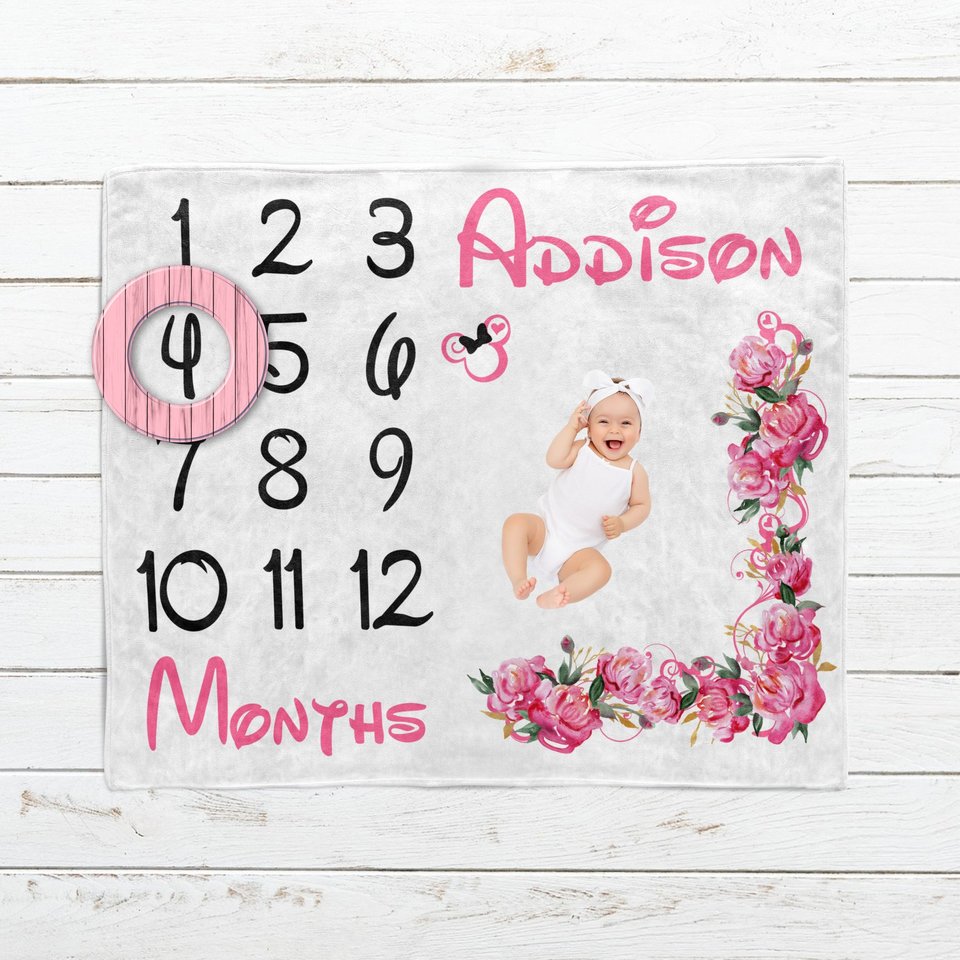 Personalized Floral Minnie Mouse Milestone Blanket
