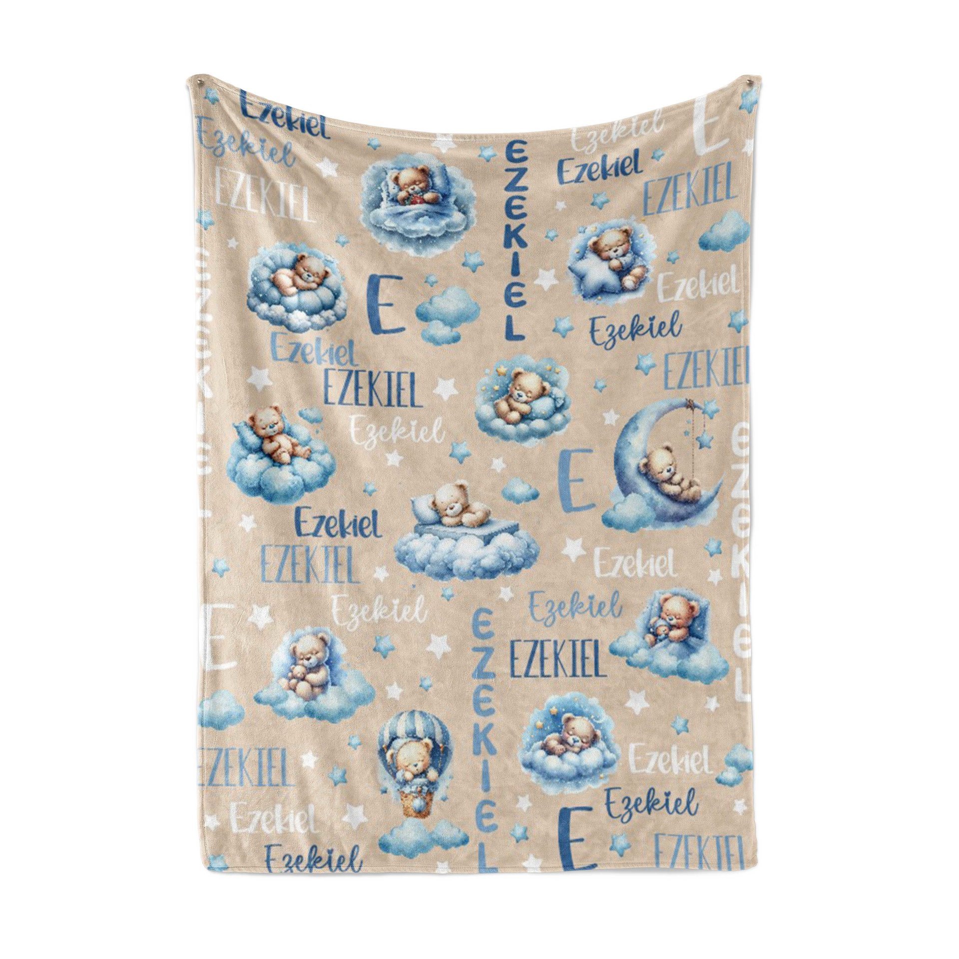 Personalized Blue Sleeping Teddy Bears Baby Blanket 