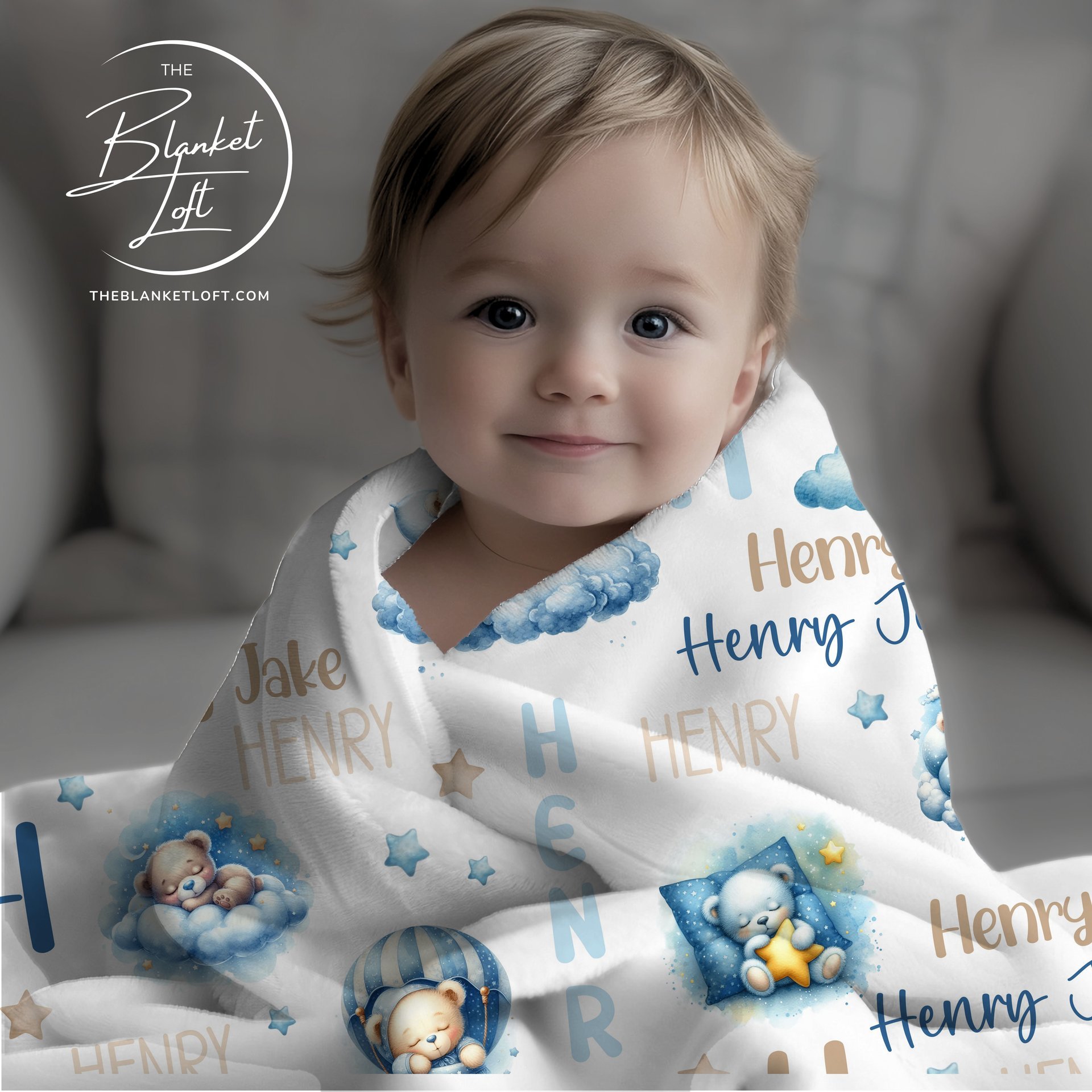 Personalized Blue Sleeping Teddy Bears Baby Blanket 