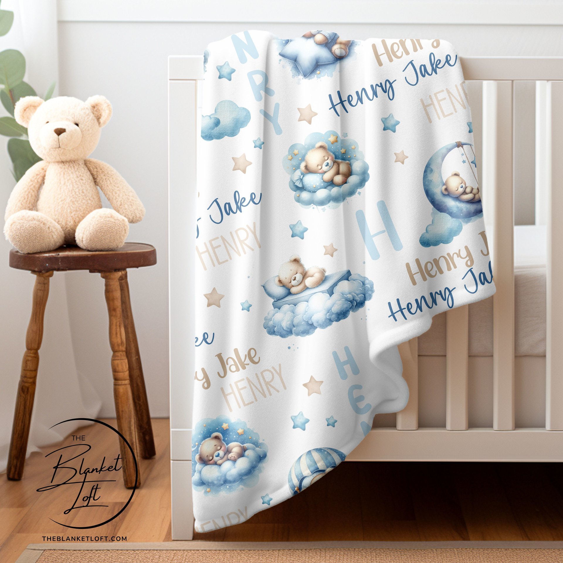 Personalized Blue Sleeping Teddy Bears Baby Blanket 