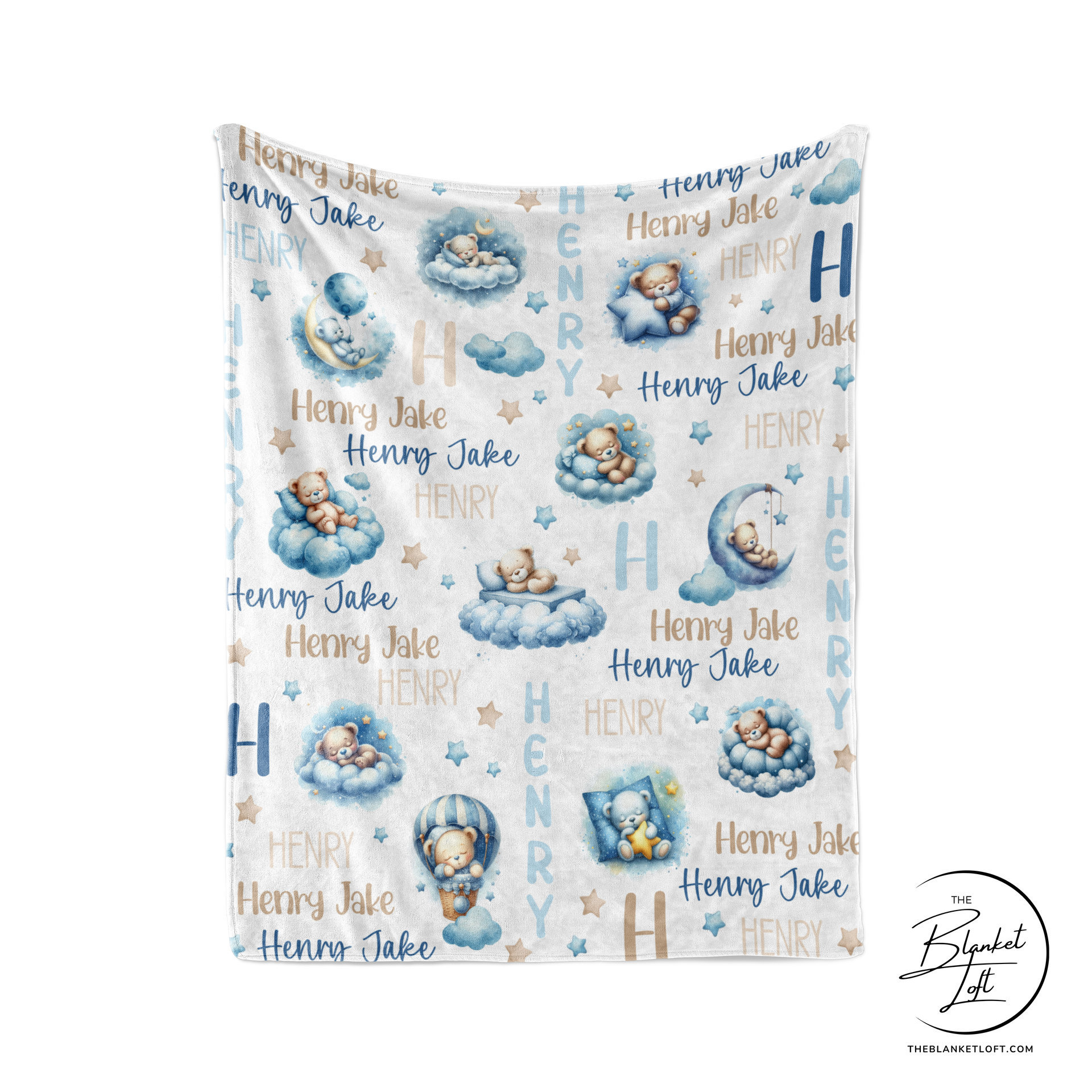 Personalized Blue Sleeping Teddy Bears Baby Blanket 