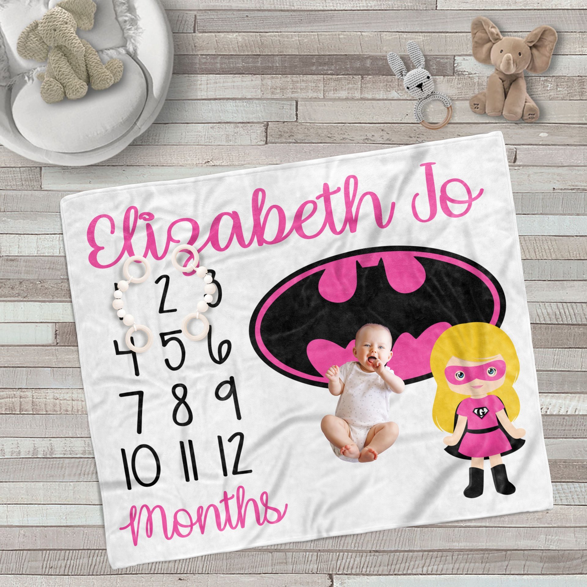 Personalized Superhero Bat Girl Monthly Milestone Blanket