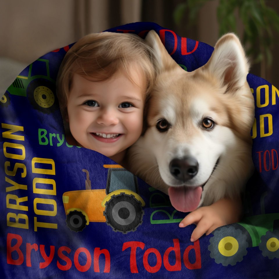 Personalized Blanket with Tractors and Name