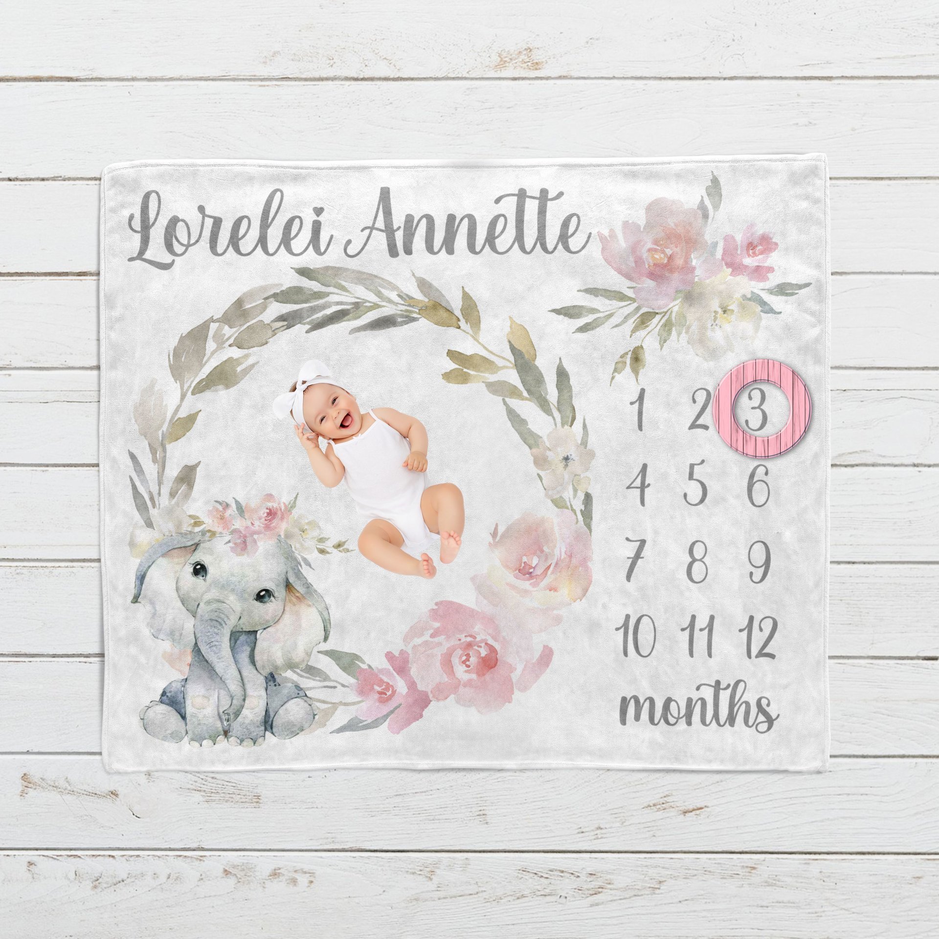 Personalized Floral Baby Elephant Milestone Blanket