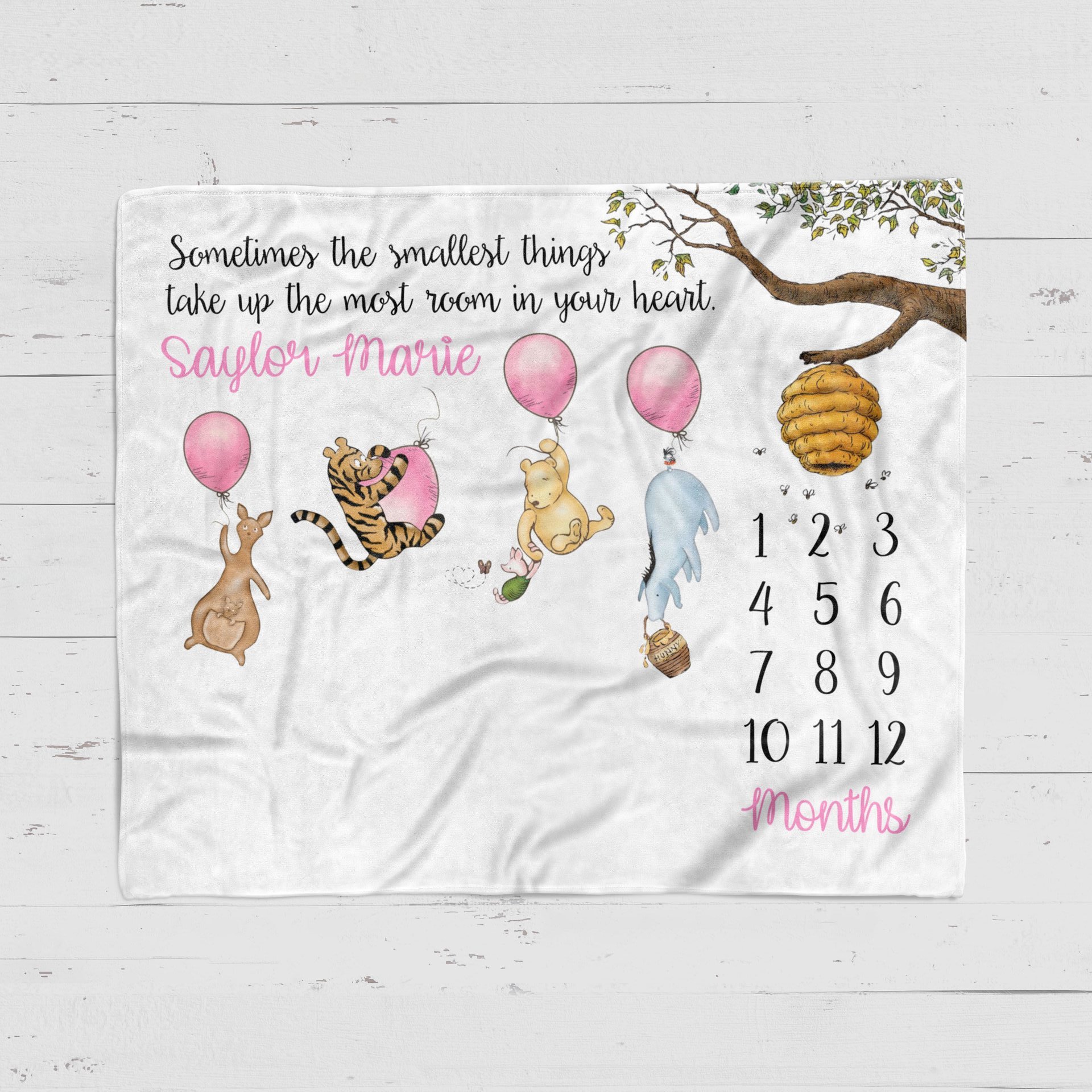 Personalized Winnie the Pooh Balloons Milestone Blanket