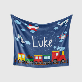Personalized Trains and Planes Baby Blanket