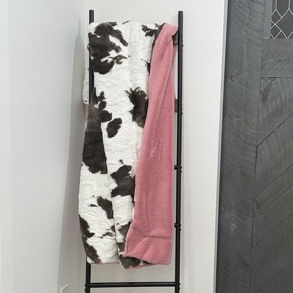 Luxe Cuddle Calf Cow Brownie with Seal Rose Quartz 50"x60" Adult Minky Blanket
