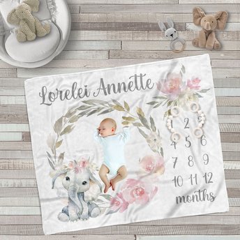 Personalized Floral Baby Elephant Milestone Blanket