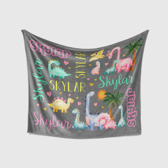 Watercolor Girl Dinosaur Blanket with Name