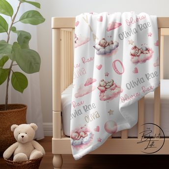 Personalized Pink Sleeping Teddy Bears Baby Blanket 