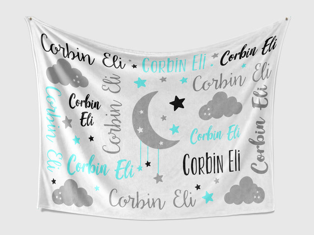 Personalized Moons Clouds and Stars Baby Blanket