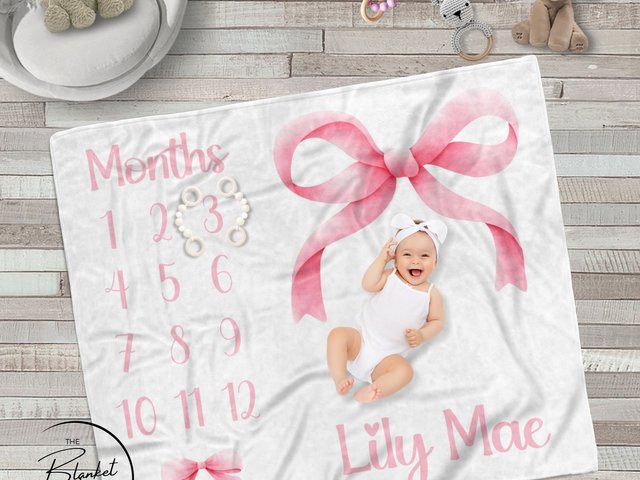 Personalized Pink Coquette Bow Milestone Blanket