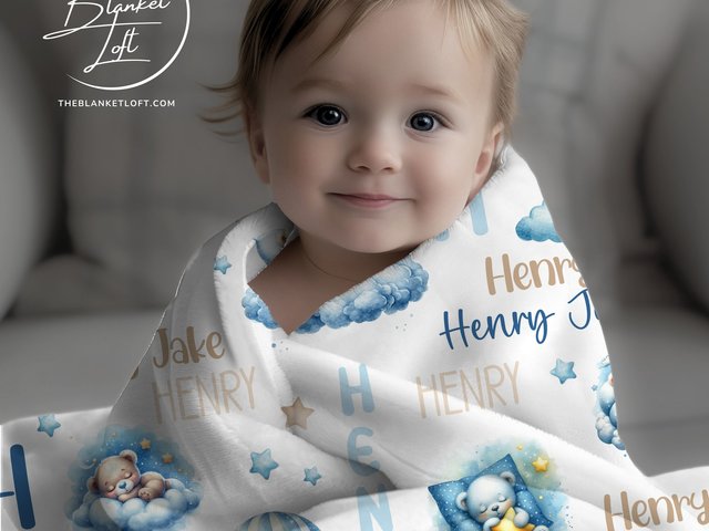Personalized Blue Sleeping Teddy Bears Baby Blanket 